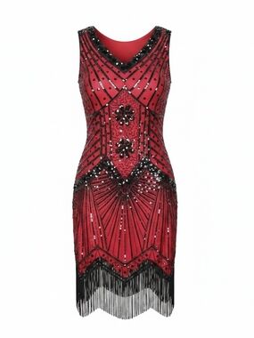 BABEYOND | 1920s Flapper Fringe Black Sequin Gatsby Beaded Red Jazz Dress | L